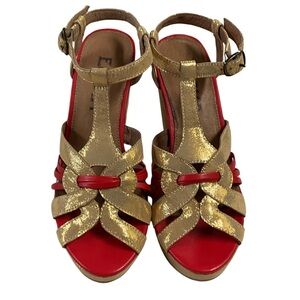 Esska Gold and Red Wedge Sandal, New in Box